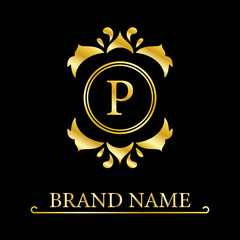 Gold Elegant letter P. Graceful style. Calligraphic beautiful logo. Vintage drawn emblem for book design, brand name, business card, Restaurant, Boutique, Hotel. Vector illustration