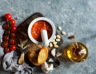 Romesco sauce, typical from Catalonia, Spain. Prepared with nora peppers, almonds, hazelnuts, garlic and tomato.