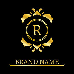 Gold Elegant letter R. Graceful royal style. Calligraphic beautiful logo. Vintage drawn emblem for book design, brand name, business card, Restaurant, Boutique, Hotel. Vector illustration