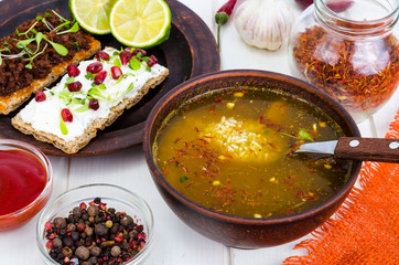 Spicy soup kharcho with rice.