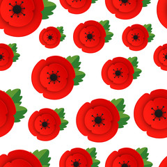 Seamless pattern of Realistic Poppy flowers. Red poppies isolated on a white background.