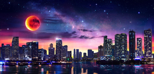 Fantasy Landscape Of Miami Downtown With Milky Way And Red Moon