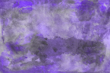 Violet watercolor abstract background with waves and strokes on white paper background. Trendy look. Chaotic abstract organic design.