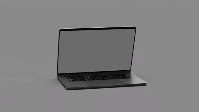 Laptop with blank screen isolated on gray background. Whole in focus. 4K