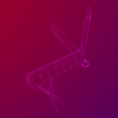 Multi-tool folding pocket knife, multipurpose penknife. Multifunctional tool model wireframe low poly mesh vector illustration