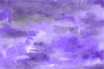 Violet watercolor abstract background with waves and strokes on white paper background. Trendy look. Chaotic abstract organic design.