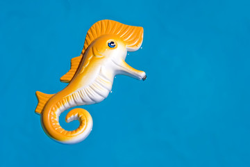 Plastic seahorse toy floating in the blue pool water © sasaperic
