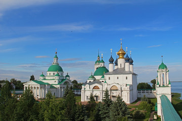 Fototapeta na wymiar Architectural ensemble of Spaso-Yakovlevsky (St. Jacob Savior) monastery from the South-West tower in a summer day, Rostov Velikiy, Russia.