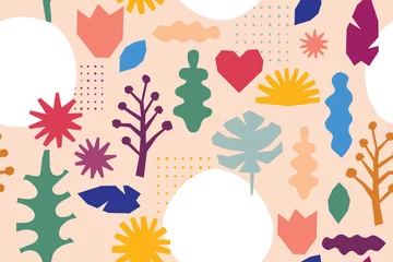 Zelfklevend Fotobehang Naadloze moderne abstracte patroon in een cartoon-stijl. Geometrische vormen, bloemen en bladeren op een roze achtergrond © Oscar Ghost