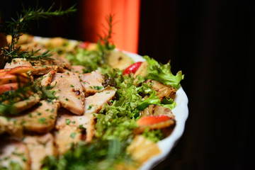 protein and vegetable salad, elegant chicken salad platter, gourmet festive buffet food, catered salad dish for an event, decorative food arrangement
