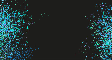 Colorful confetti on isolated black background. Festive texture with many glitters. Geometric elements. Pattern for flyers, banners and posters