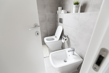 Half-open door to luxury bathroom with white ceramic bidet and toilet