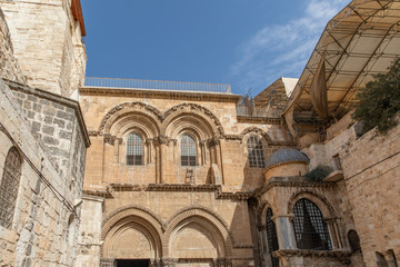 Fototapeta na wymiar Immovable Ladder on the Church of the Holy Sepulchre, Old City, Jerusalem