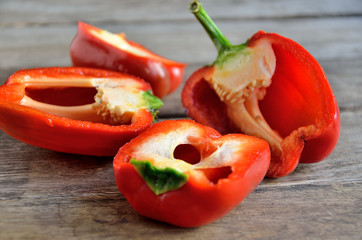 Sliced red bell pepper on the boards.