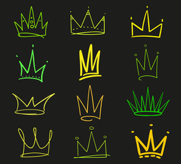 Set of abstract crowns on isolated black. Signs for design. Hand drawn simple objects. Line art. Colorful illustration. Sketchy elements for posters and flyers