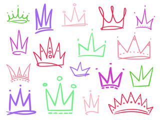 Set of colored crowns on white. Signs for design. Hand drawn simple objects. Line art. Colorful illustration. Sketchy elements for posters and flyers