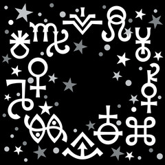 &laquo;Astrological diadem&raquo;, the excerpt of some recent astrological signs and occult mystical symbols. Astrological pattern, celestial background with stars.