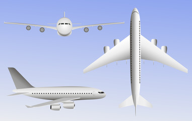 Set of Realistic Airliner in top, side, front view on a blue background.