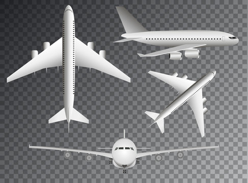 Set of Realistic Airliner in top, side, front view on a transparent background.