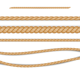 Set of realistic different ropes for decoration and covering on white background. vector illustration.
