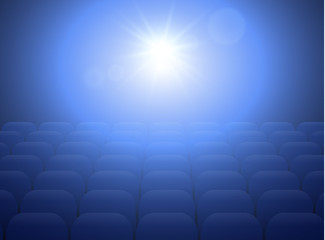 Empty movie theater with projection light falling into the lens and empty seats. Vector Illustration