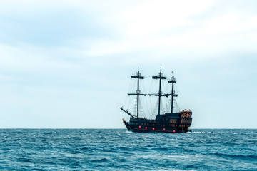 one big beautiful ship on the blue sea. Horizontal frame