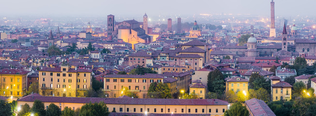 Fototapeta na wymiar Panoramic view of Bologna center at dusk with the famous towers, included the most famous asinelli's