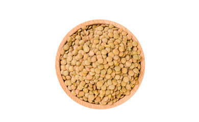 Green lentils  in wooden bowl isolated on white background. nutrition. food ingredient.