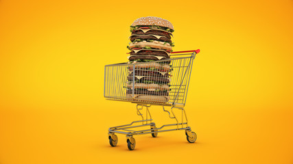 hamburger with shopping cart. 3d rendering