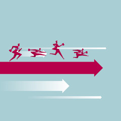 A group of people running on the arrow symbol. Isolated on blue background.