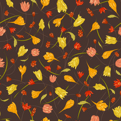 Fototapeta na wymiar Seamless vector floral pattern with hand drawn abstract spring flowers in yellow, red, brown colors. Colorful endless background