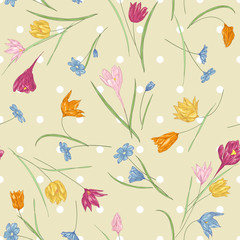Fototapeta na wymiar Seamless vector floral pattern with hand drawn abstract spring flowers in soft pastel colors on polka dot background. Colorful endless print