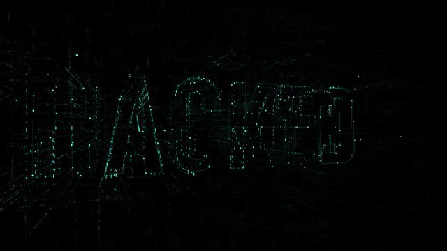 3D animation data digital code with 'Hacked' text. Futuristic information technology concept. Blue letters on black background