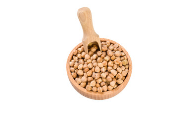 chickpea  in wooden bowl and scoop isolated on white background. nutrition. bio. natural food ingredient.