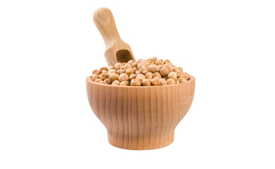 chickpea  in wooden bowl and scoop isolated on white background. nutrition. bio. natural food ingredient.