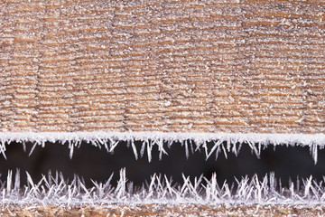 The wooden resinous board covered with peaked hoarfrost along the edges. A resinous wooden surface...