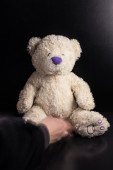 White custom hand made Teddy Bear with purple nose on dark background