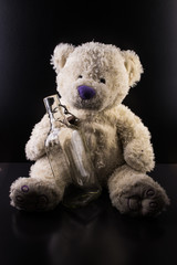White custom hand made Teddy Bear with purple nose on dark background