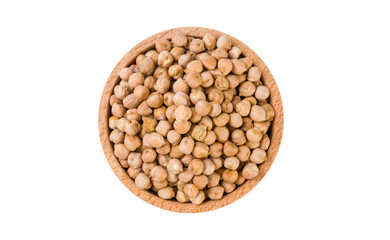 chickpea in wooden bowl isolated on white background. nutrition. food ingredient.