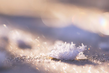Hoar-frost crystals on a frost-covered wooden surface in the morning sun. The crystals of frost in...
