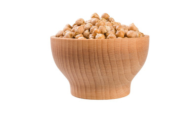 chickpea in wooden bowl isolated on white background. nutrition. food ingredient.