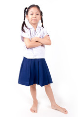 Happy Asian girl wearing school uniform on white background.