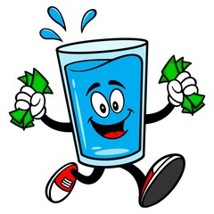 Glass of Water Mascot running with Money - A vector cartoon illustration of a glass of Water mascot running with Money.