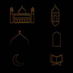 Ramadan Kareem icons with moon, lantern, mosque in the clouds. Symbols for muslim community.