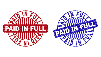 Grunge PAID IN FULL round stamp seals isolated on a white background. Round seals with grunge texture in red and blue colors.