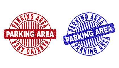 Grunge PARKING AREA round stamp seals isolated on a white background. Round seals with grunge texture in red and blue colors.