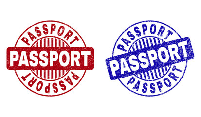 Grunge PASSPORT round watermarks isolated on a white background. Round seals with grunge texture in red and blue colors. Vector rubber watermark of PASSPORT text inside circle form with stripes.