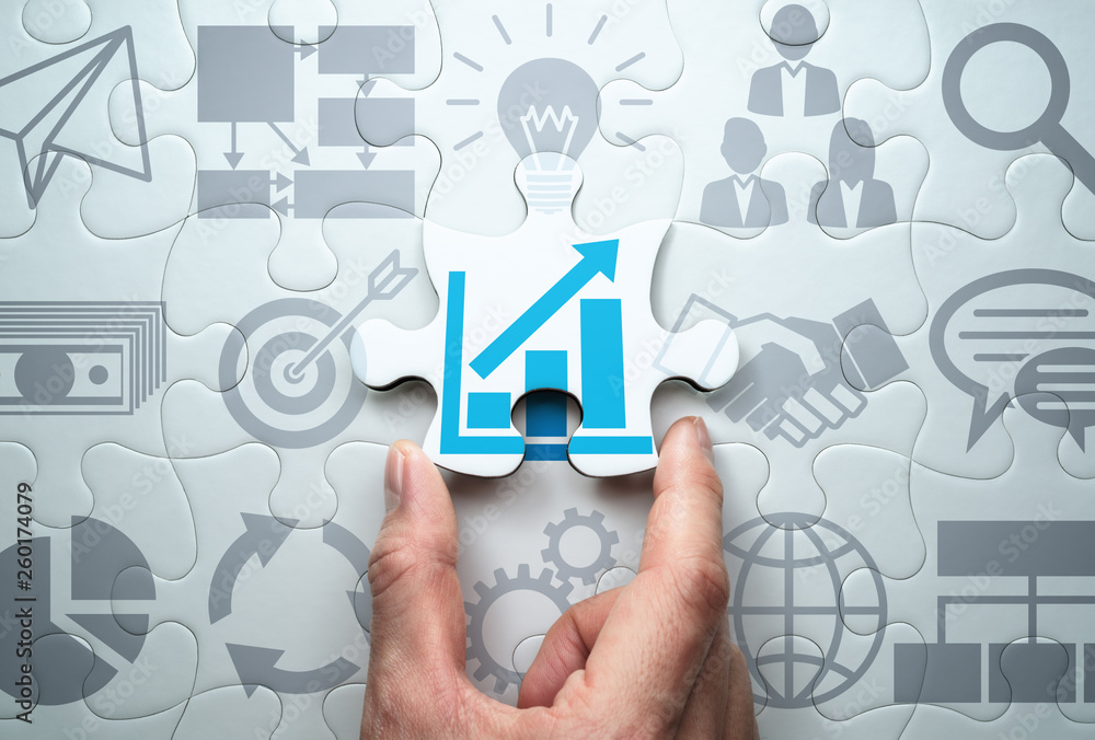 Poster Finding solution to growth. Business development strategy concept.Connecting last jigsaw puzzle piece.
