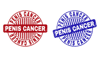 Grunge PENIS CANCER round stamp seals isolated on a white background. Round seals with distress texture in red and blue colors.