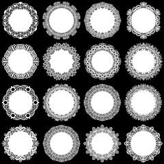 Large  set of design elements, lace round paper doily, doily to decorate the cake, template for cutting, greeting element,  snowflake, laser cut;  vector illustrations